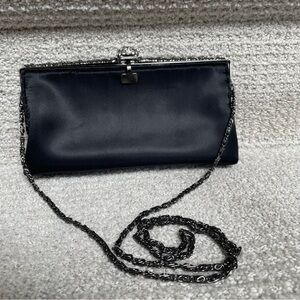 Jessica McClintock Black Satin Rhinestone Clasp Floral Metalwork Chain Purse Bag